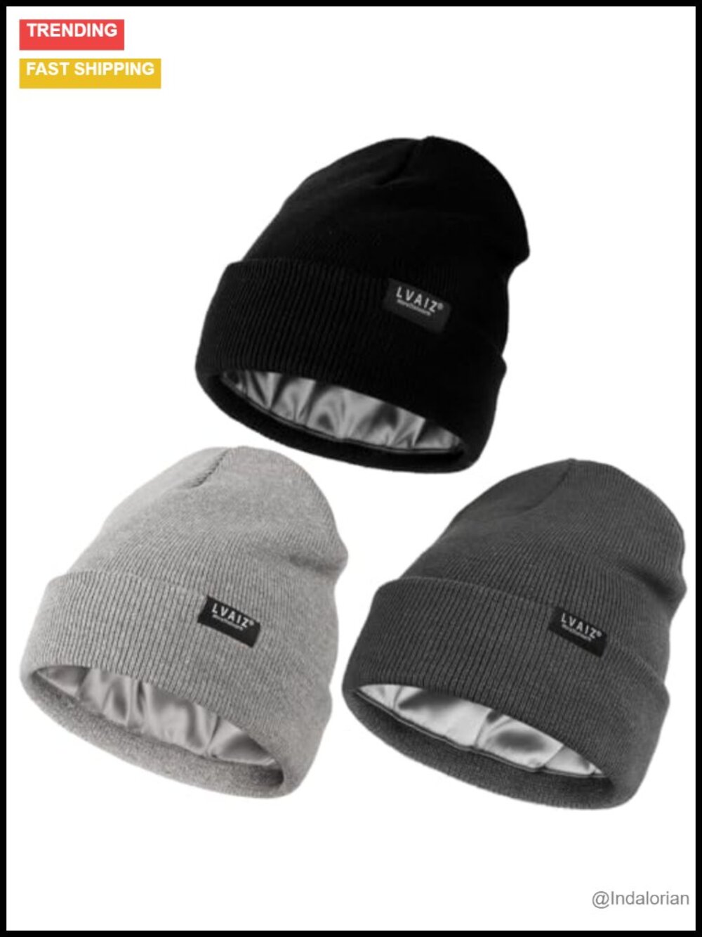 3 Pack Satin Lined Beanies Cotton Acrylic Cuffed Winter Hats